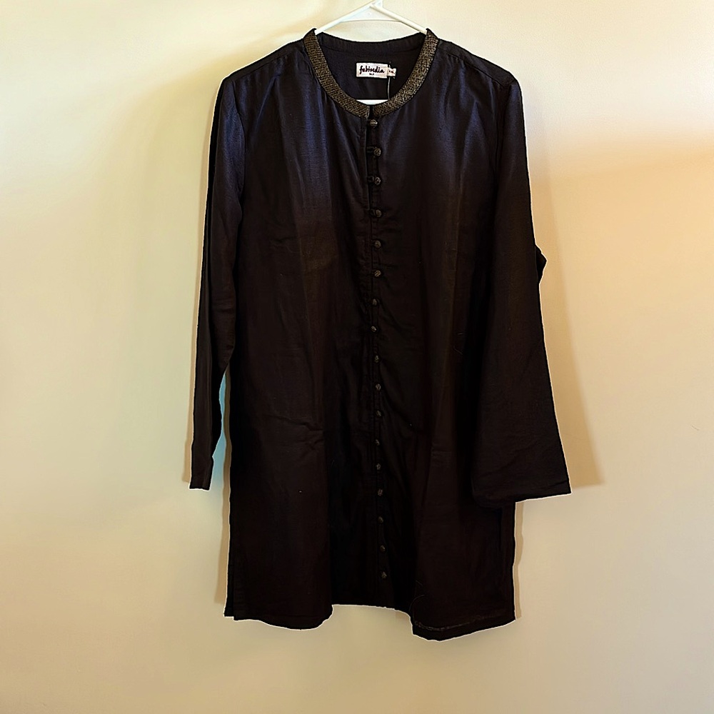 Fabindia Black Silk Tunic Kameez NWT Handwoven Collar and Matching Buttons- XL
